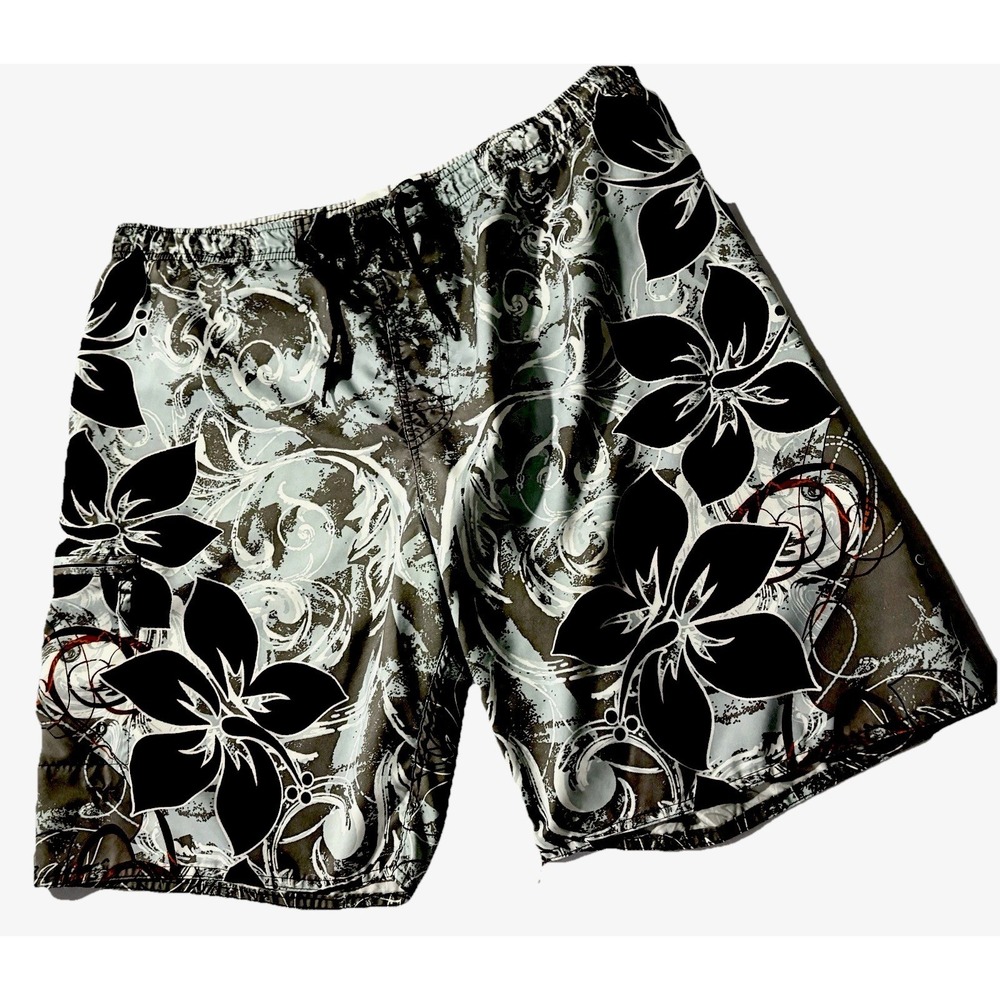 TYR 90s Men's Swim Shorts XL  Hawaiian Tropical Pattern Side Zip Pocket Gray